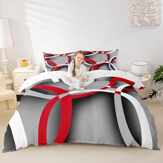 Feelyou Geometric Bedding Set Retro Circle Comforter Cover for Kids Boys Girls Teens Women Modern Abstract Art Duvet Cover Grey Red Black Bedspread Cover Room Decor Full Size (No Comforter)