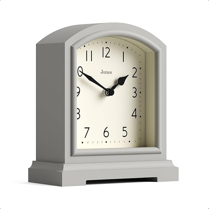 JONES CLOCKS® Tavern Mantel Clock | Modern Arch top Design | Pale Gray | Contemporary Classic Style for Desk, Table, Shelf or Bedside