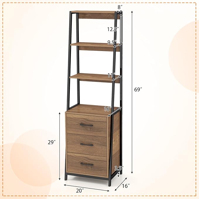 Giantex Ladder Bookshelf with Drawers, 69" Tall Wooden Bookcase with 4 Shelves, Modern Book Shelf Storage Organizer Unit, Freestanding Display Shelving Rack for Living Room, Bedroom (Brown)