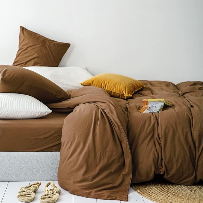 Omelas Brown Duvet Cover King Size Chocolate Mocha Coffee Solid Color Plain Bedding Set Simple Modern Soft Microfiber Rustic Comforter Covers with Zipper Closure Corner Ties Gifts for Women Men