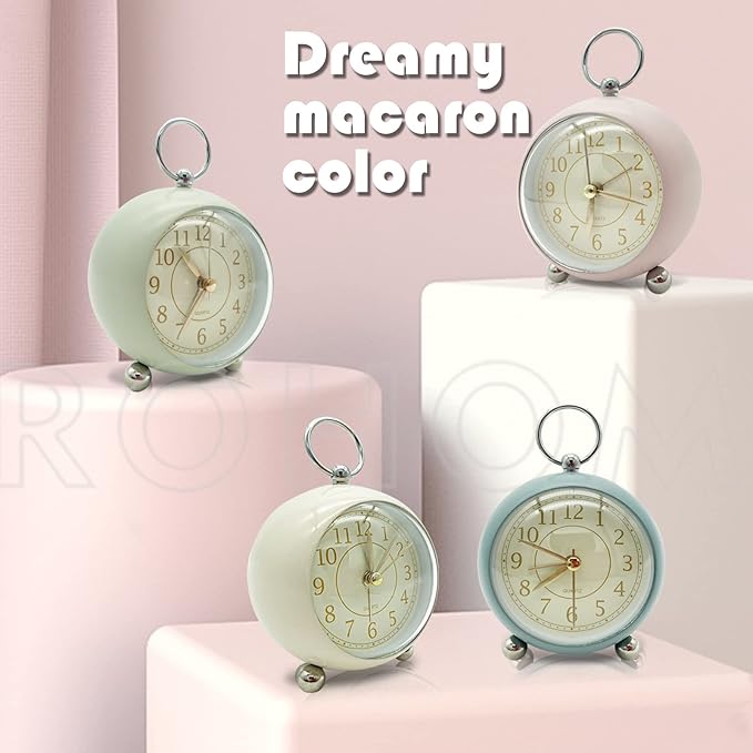 Rohome Vintage Small Alarm Clock with Night Light, Pink, Quartz Movement, Battery Operated, Non-Ticking, Decorative, for Bedside Table, Desk, Kitchen, Bedroom