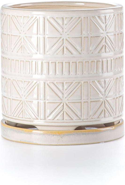 Ceramic Plant Pots Indoor-Outdoor: 6 Inch Embossed Planters with Drainage Hole & Saucer - Modern Decorative Flower Pots for Home Garden Patio Office Decor