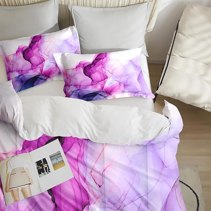 Comforter Set with Pillowcase Twin Size, Blue Purple Lavender Marble, Bed Decor Pink Watercolor Smoke Abstract Shapes for Kids and Adults, Soft Cozy Bedroom Bedding Set