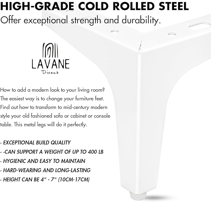 La Vane 7 Inch Metal Furniture Legs, Set of 4 - Modern Diamond Triangle White DIY Replacement Feet Corner Legs for Cabinet, Sofa, Sideboard, Couch, Dresser Makeover