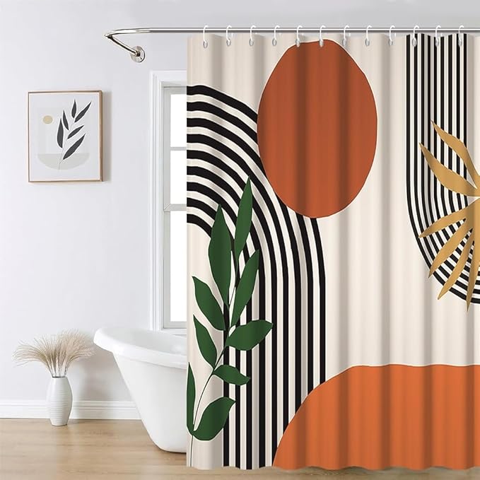 Mid Century Boho Shower Curtain for Bathroom Brown Green Leaves Red Sun Arch Stripes Shower Curtains Vintage Abstract Bathroom Set Decor Washable Waterproof Polyester Fabric with Hooks 72x72 Inch