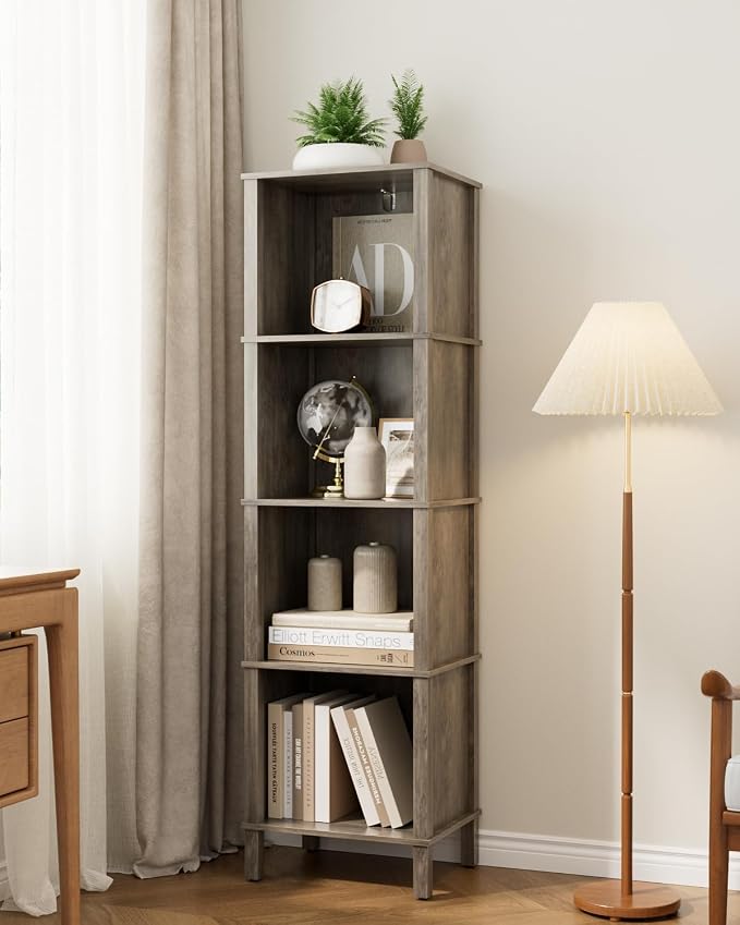 Bookshelf, Modern 4-Tier Bookcase, Open Storage Book Shelf, 11 × 14.2 × 50.4 Inches, Small Narrow Bookshelves for Living Room, Home Office, Bedroom, Gray