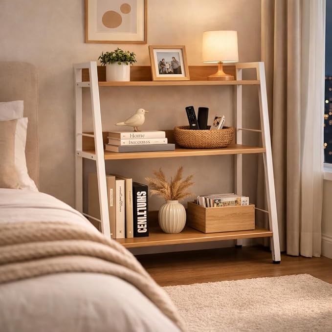 Ladder Shelf, 3 Tier Bookshelf, Small Bookshelf for Small Spaces, Wood and Metal Bookcase, Ladder Bookshelf, Modern Storage Shelf for Living Room and Office (White, Ladder)