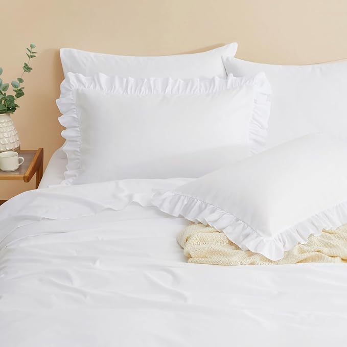 Horbaunal White Ruffle Sheets Twin Size 4 Piece, Fits 16" Deep Mattress, Microfiber White Twin Sheets with 1 Ruffled Pillowcases, Shabby Chic Bed Sheet Set