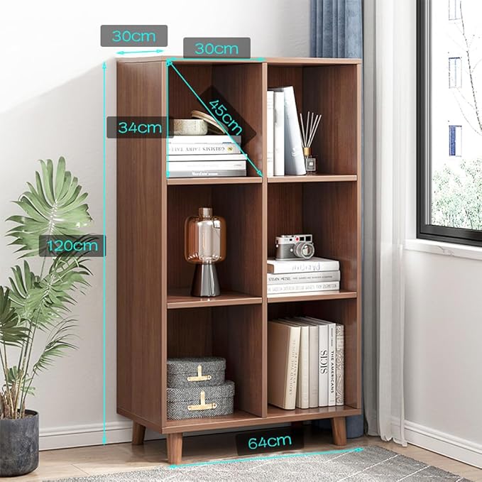 IOTXY Open Cube Low Bookcase - 3-Tier Freestanding Storage Display Cabinet Organizer with Legs for Home Office, 6-Cubes Open Shelf Short Bookshelf, Walnut