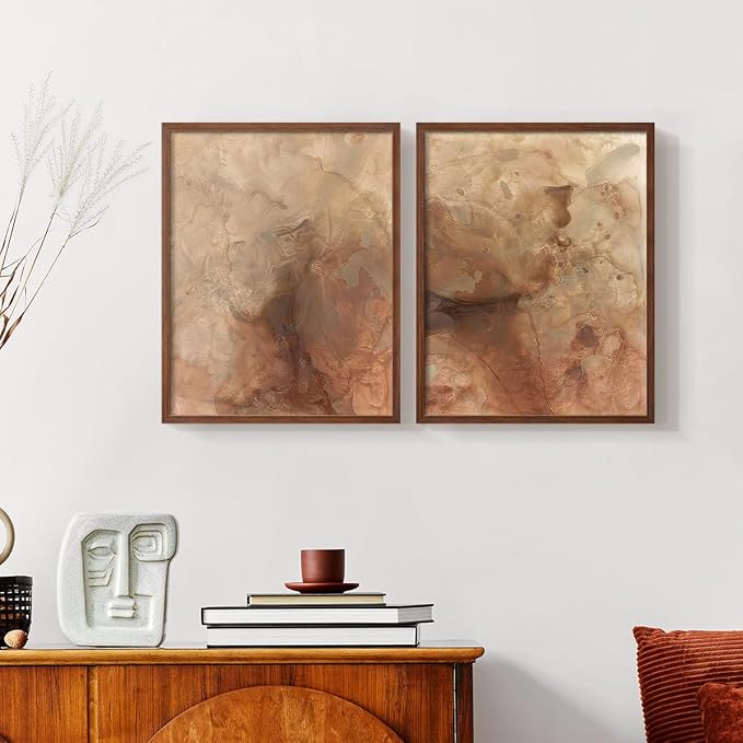 Renditions Gallery Set of 2 Peel & Stick Framed Prints, Abstract Wall Art, Brown Textured Marble Design Re-Stickable - Ready to Hang - 16"x20" - Walnut Frame LT588