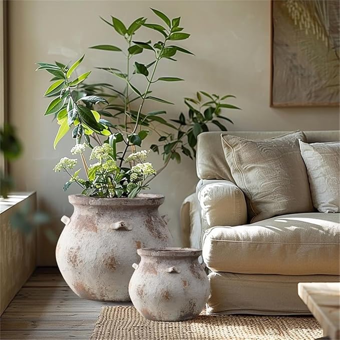 LuxenHome 15'' Dia Round Large Plant Pots, Off White Indoor Outdoor Planters with Drainage Holes, Rustic Distressed Flower Pot for Plants, Handmade Concrete Planter Pot for Home Patio Garden
