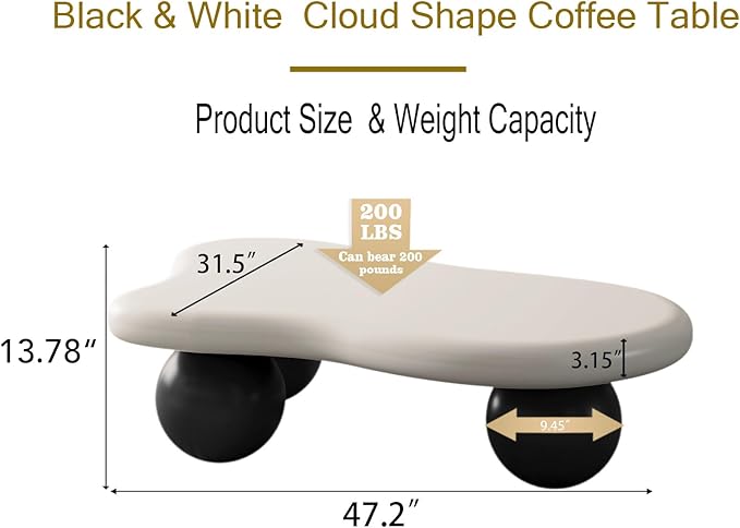 47" Modern Coffee Table Cloud Shape Low Center Table Cute Irregular Indoor Tea Table with 3 Ball Legs for Living Room Small Space