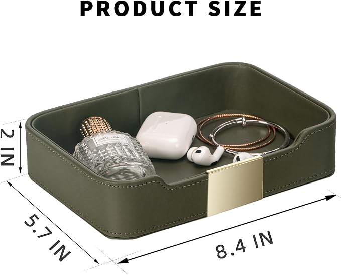 SANZIE Luxury Leather Tray Organizer Valet Tray Key Tray for Entryway Table Desktop Storage Catchall Tray Decorative Tray for Jewelry Keys Wallet Phone Watch (Metal Gilded, Khaki Green)
