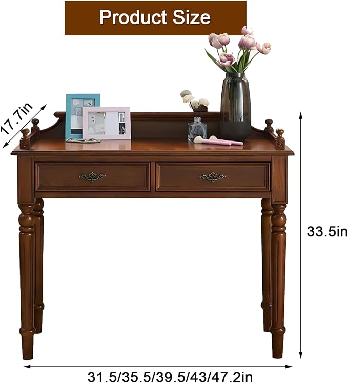 Mid-Century Home Office Desk with 2 Drawers,Solid Wood,Vintage,Writing Study Desk,Secretary Desk,for Small Space,Bedroom,Living Room(Brown)