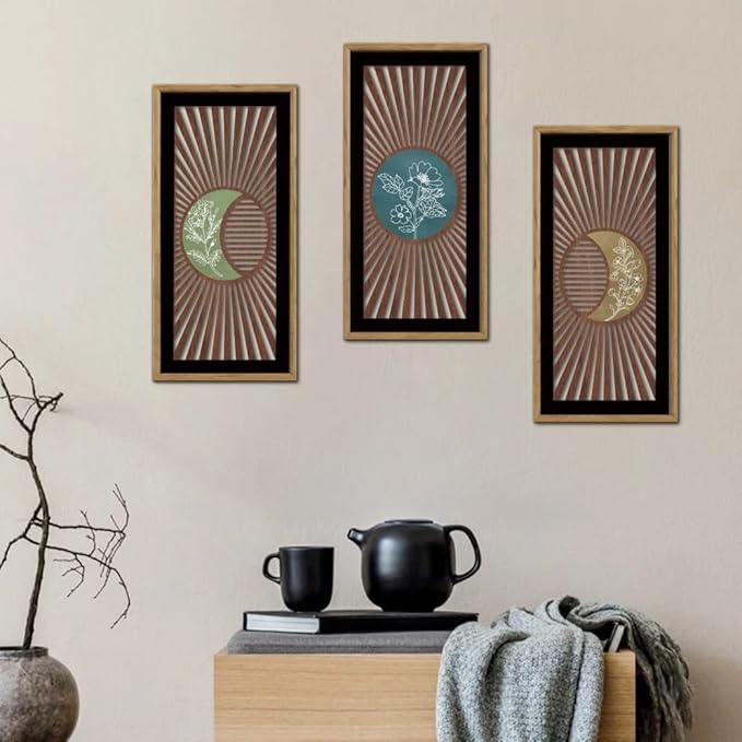 IARTTOP Moon Phase Wood Wall Decor Set of 3 Celestial Botanical Wall Art Boho Abstract Geometric Art Prints Minimalist Floral Moon Phase Decor for Home Living Room Bedroom 7.9x15.8Inch Framed