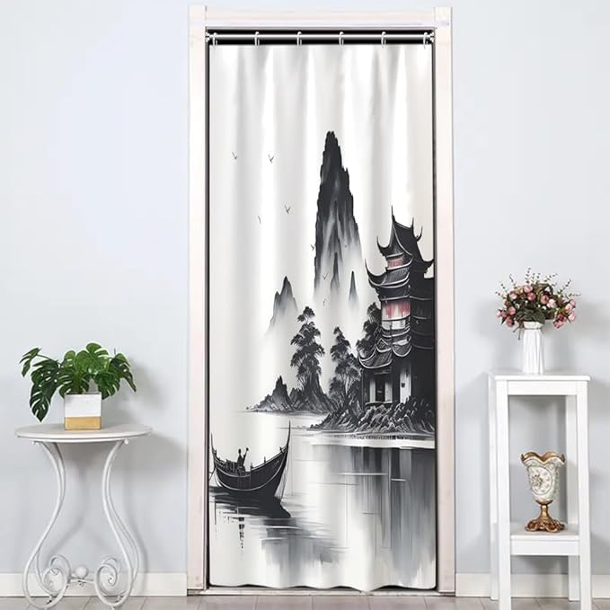 Abstract Ink Painting Shower Curtain Chinese Traditional Nature Landscape Mountains Lake Shower Curtains for Bathroom Accessories Waterproof Polyester Fabric with Hooks, 36 x 72 Inch