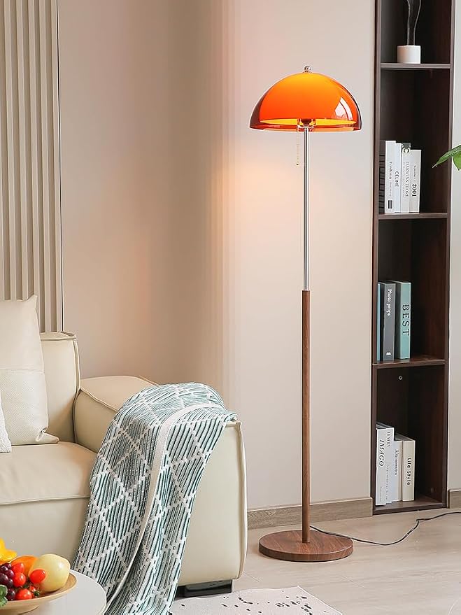 Mushroom Floor Lamp 63" H Orange Floor Lamp for Living Room with Gradient Double Dome Lampshade 3 Color Adjustable Light Pull Chain Switch MCM Standing Lamp for Bedroom Office Study Room