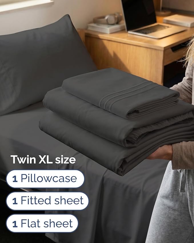 Twin XL Size 3 Piece Sheet Set - Comfy Breathable & Cooling Sheets - Hotel Luxury Bed Sheets for Women & Men - Deep Pockets, Easy-Fit, Soft and Wrinkle Free Sheets - Charcoal Oeko-Tex Bed Sheet Set