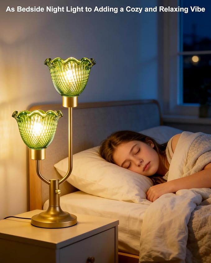 Lightdot Vintage Green Glass Table Lamp for Living Room Dimmable Mid Century Modern Desk Lamp Gold Flower Nightstand Lamp 2 Bulbs Included Warmwhite Ambient Bedside Lamps for Bedroom Home Office Decor