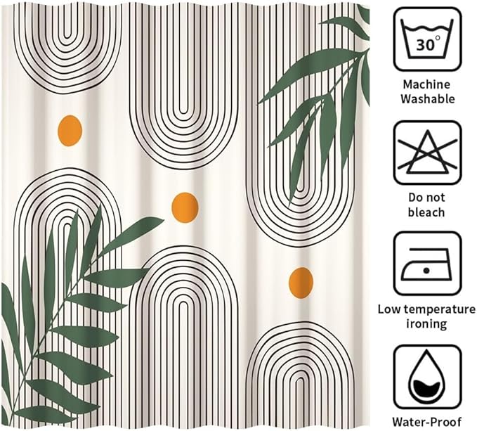 Modern Boho Shower Curtain for Bathroom Beige Abstract Minimalist Bathroom Set Decor Stripes Arch Sun Palm Leaves Chic Aesthetic Washable Waterproof Polyester Fabric with Hooks 69x70 Inch