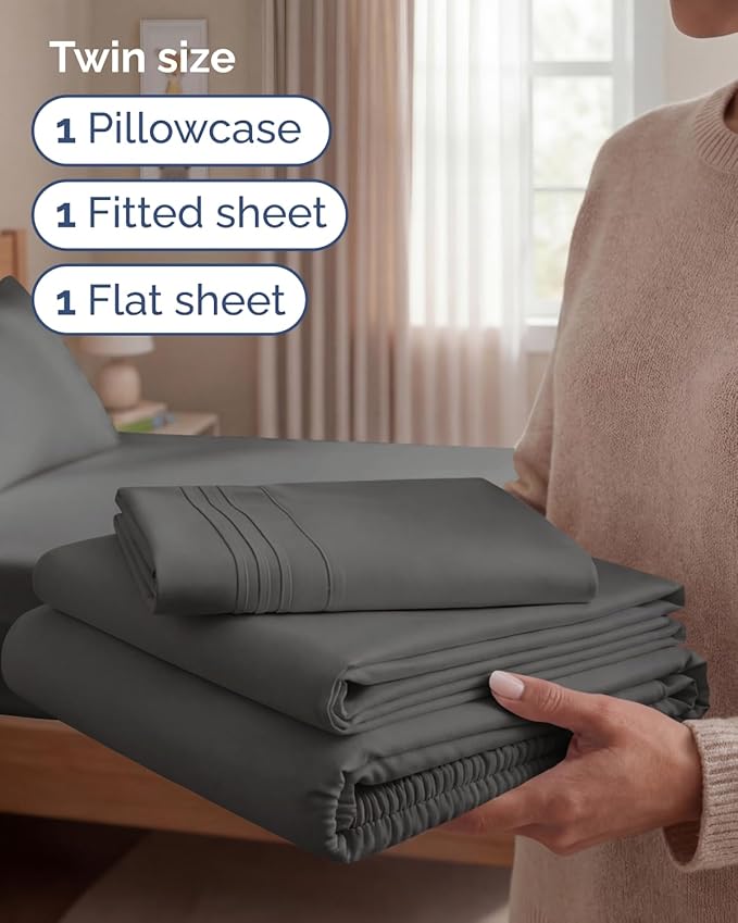 Twin Size 3 Piece Sheet Set - Comfy Breathable & Cooling Sheets - Hotel Luxury Bed Sheets for Women & Men - Deep Pockets, Easy-Fit, Extra Soft & Wrinkle Free Sheets - Charcoal Oeko-Tex Bed Sheet Set