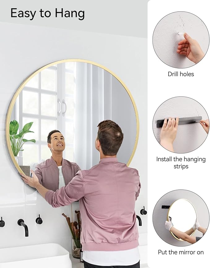 18 Inch Round Mirror, Gold Circle Mirror for Bathroom, HD Eco-Friendly Round Bathroom Mirror for Over Sink, Small Matte Gold Metal Framed Wall Mirror for Wall, Vanity, Entryway, Easy to Install
