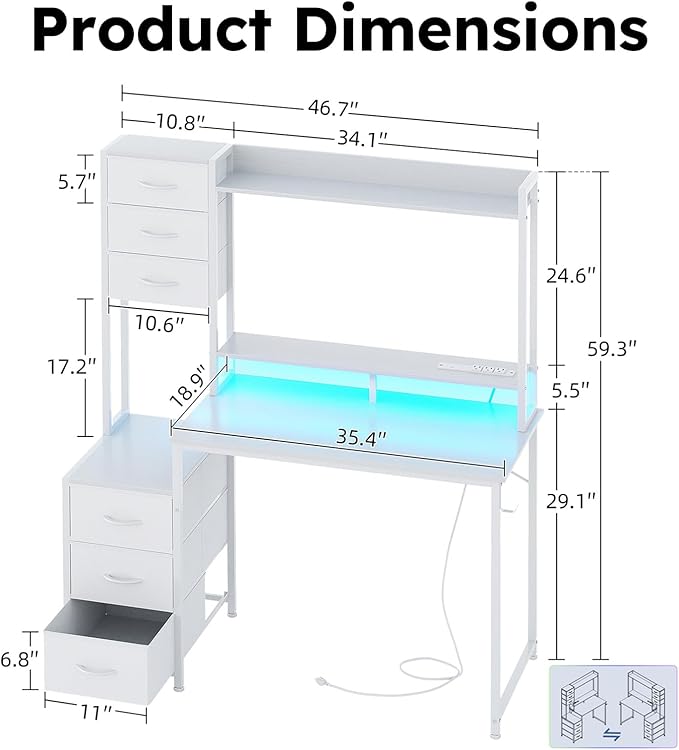 MUTUN 47 Inch Computer Gaming Desk with Hutch Power Outlet and LED Strip, Home Office Work Study Writing Desk with 6 Fabric Drawers and Storage for Bedroom, Escritorios para Computadoras, White