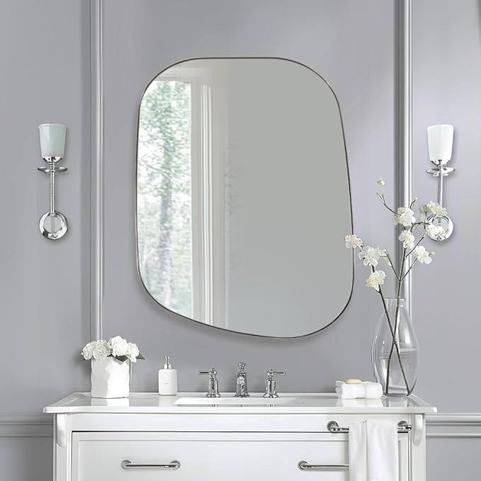 ANDY STAR 22"x30" Chrome Bathroom Mirror, Irregular Wall Mirror in Stainless Steel Metal Frame, Modern Polished Chrome Finish with Curved Edge Design, Wall-Mount Vertically or Horizontally