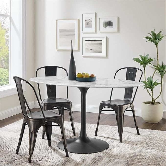 Modway Lippa 54" Oval-Shaped Mid-Century Modern Dining Table with Artificial Marble Top and Black Base
