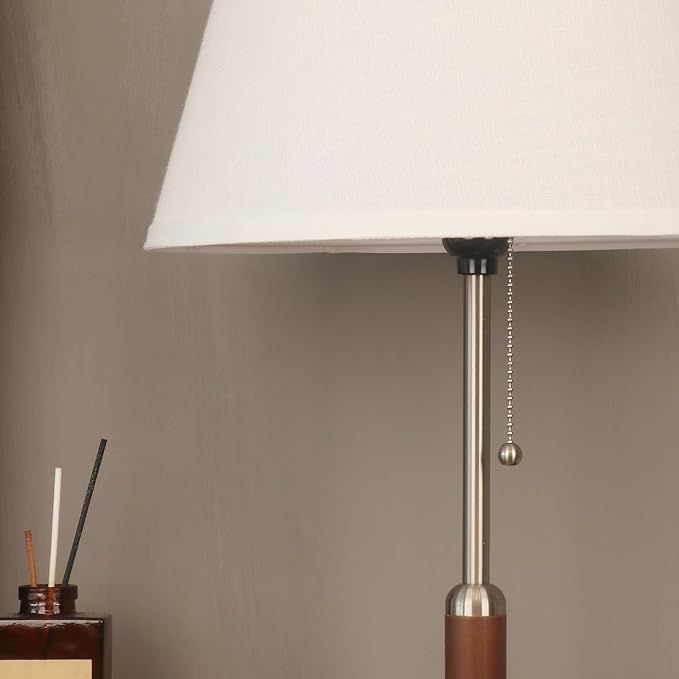 21" Modern Bedside Lamp Mid Century Table Lamp, Pull Chain Nightstand Lamp for Bedroom Living Room 3-Color Light, Solid Wood/Metal/Fabric for Home/Office/Desk Decor(Off White+Brushed Nickel)