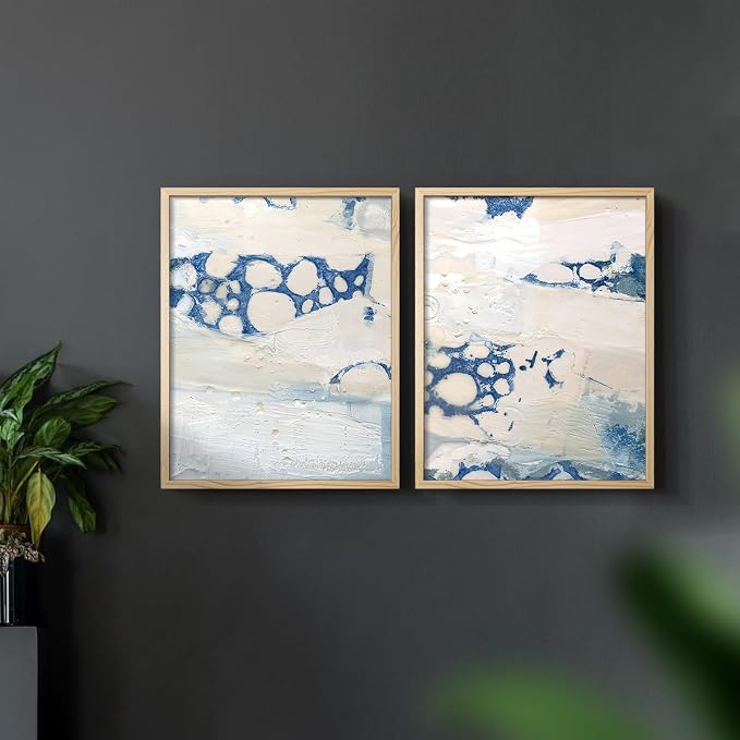 Renditions Gallery Set of 2 Peel & Stick Framed Prints, Textured Abstract Wall Art, Beach Themed Bubble Design Wall Decor, Re-Stickable - Ready to Hang - 16"x20" - NATURAL WOOD Frame LT588