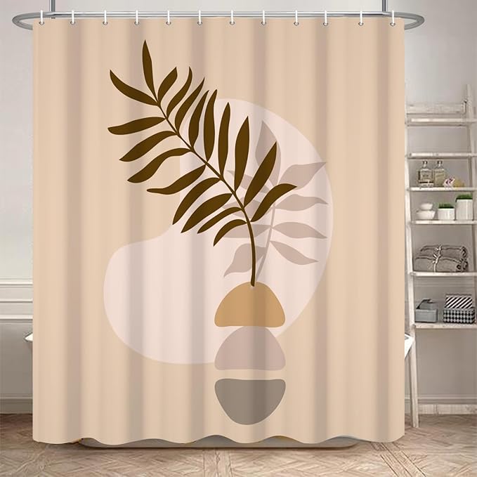 Abstract Bohemian Bathroom Shower Curtain - Eucalyptus Leaves Boho Beige With Hooks, Waterproof Fabric Polyester for Modern Aesthetics Home Decorative, 60x72 Inch