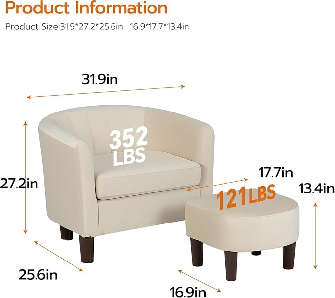 FDW Velvet Barrel Accent Chair with Ottoman, Modern Armchair with Ottoman Set, Comfortable Reading Chair for Living Room, Bedroom & Apartment Lounge, Beige