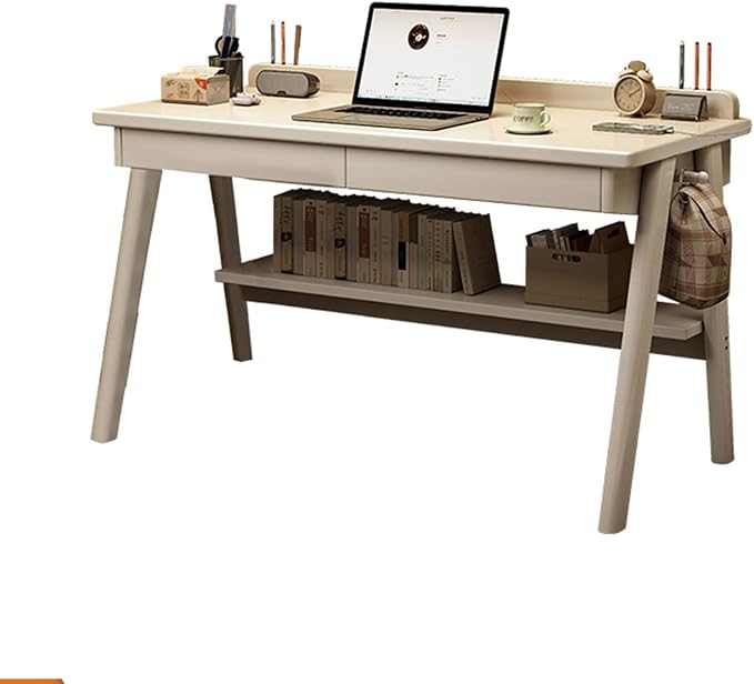 Mid-Century Modern Wood Desk,Computer Desks with Drawers and Storage Shelf,Study Work Writing Table,Modern Industrial Home Office Desks for Writing,Executive,Study,Work(White,47in(120cm))