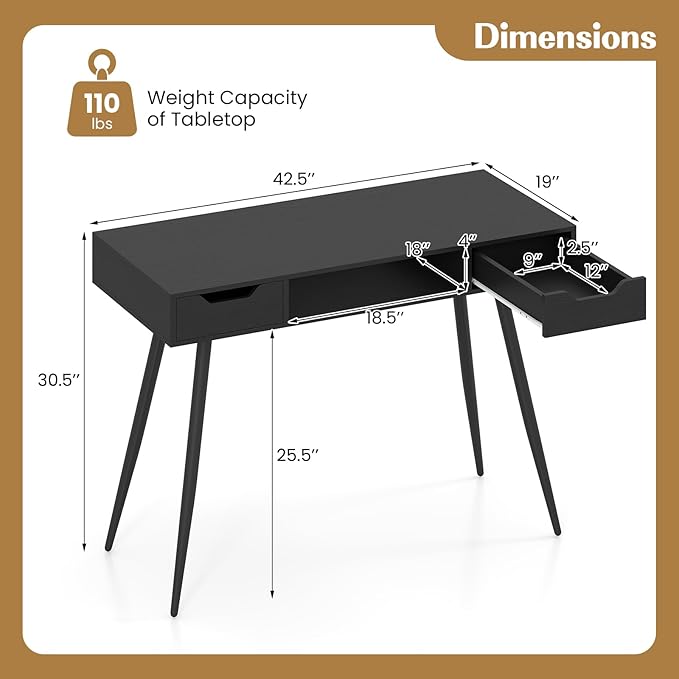 Giantex Mid Century Modern Computer Desk with Drawers, 42.5" Writing Desk with Open Storage Cubby, Vanity Table with Metal Leg, Compact Wooden Study Table for Small Spaces Home Office (Black)