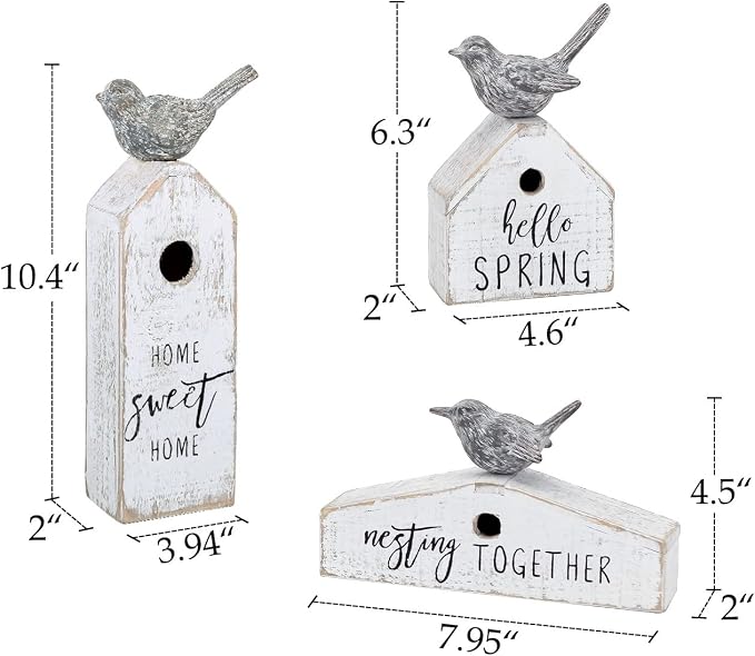 3 Pcs Birdhouse Shaped Wooden Table Decor with Bird Ornament, Rustic Farmhouse Spring Decor for Shelf Mantel Desk Decoration, Housewarming Gift, Hello Spring, Nest Together, Home Sweet Home