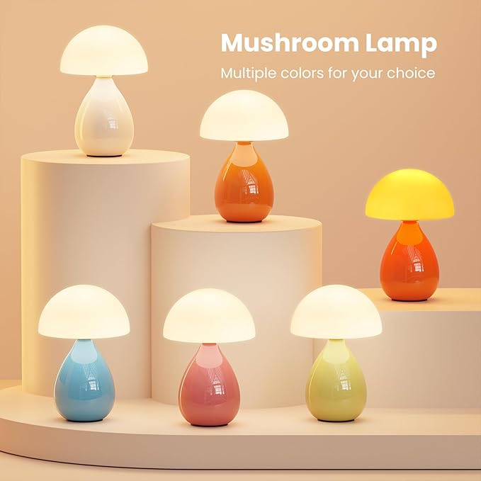 Mushroom Side Table Lamp, Mini Modern Lamp Small Vintage Table Bedside Nightstand Light, Small Light Dimmable for Bedroom, Living Room, Ceramic Base Glass Led Home Decor for Woman Gifts