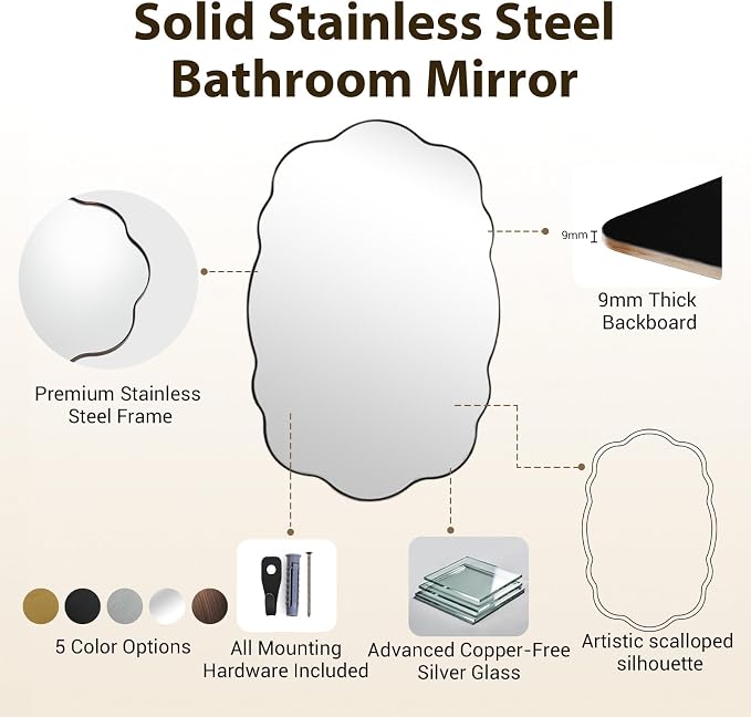 ANDY STAR Bronze Bathroom Mirror -24x36 Inch Wavy Oval Mirror for Vanity, Wavy Scalloped Wall Mirror with Stainless Steel Frame Hang Vertically or Horizontally