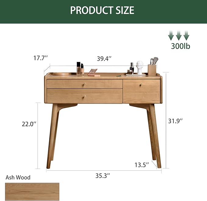 Small Vanity Desk, Solid Wood Dressing Table with Drawer Divider, Study Desk and Vanity Desk for Bedroom, 18" D x 40" W x 32" H