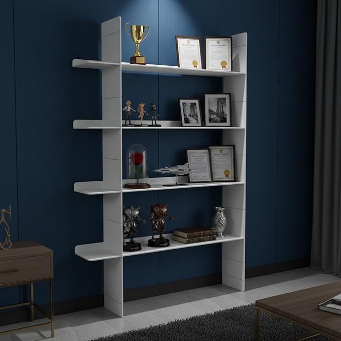 4 Tier Floating Book Shelf, Metal Wall Mounted Storage Shelves with 2 Uprights & 4 Shelves, Easy Install Display Shelf for Books, Plants, Decor & Collectibles, White