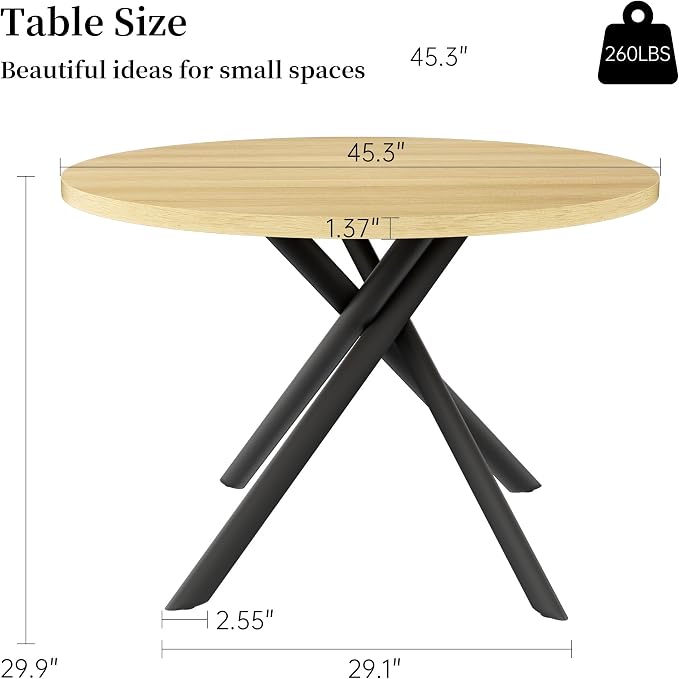 HIPIHOM 45.3 Inch Modern Round Dining Table for 4, Space-Saving Dinette with Carbon Steel Legs for Home Kitchen Apartment(Cream Table)