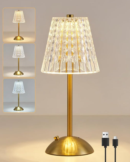 SHREWSBURY & CO Rechargeable Table Lamp Brass, LED Small Desk Lamp Battery Operated, Dimmable & 3 Colors Bedside Reading Light, Cordless Touch Lamps for Nightstand Bedroom Living Room Bar Restaurant