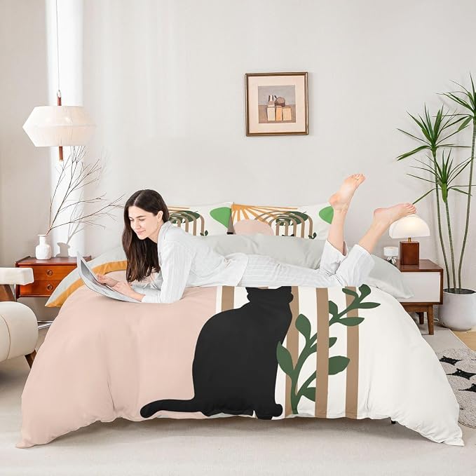 Erosebridal Boho Geometric Duvet Cover King Mid Century Abstract Minimalism Bedding Set Funny Cats Animals Comforter Cover for Kids Girls Boys Adults Tropical Palm Leaves Botanical Bed Set
