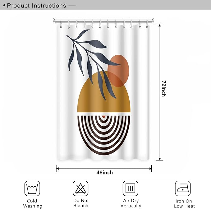 Mid Century Bohemian Bathroom Shower Curtain Abstract Circle Eucalyptus Leaves Sun Boho Shower Curtain with Hooks Waterproof Fabric Polyester Shower Curtain Aesthetics Home Decor, 48x72 Inch