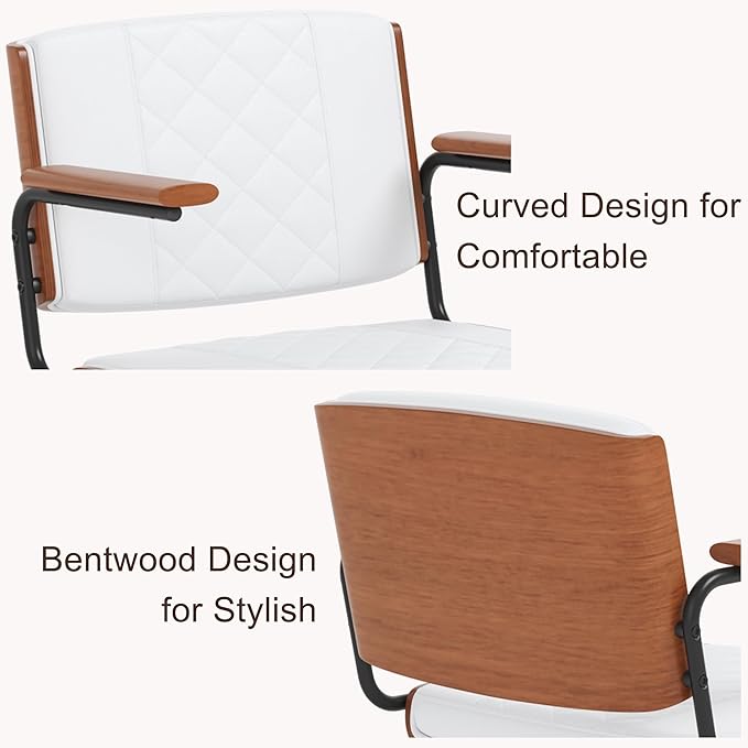 Ergonomic Office Chair with Rubber Wheels & Walnut Arms - PU Leather Mid-Back Desk Chair, Adjustable Height, Bentwood Backrest | Swivel Rocking Design for Home Office, Meeting Room, Study