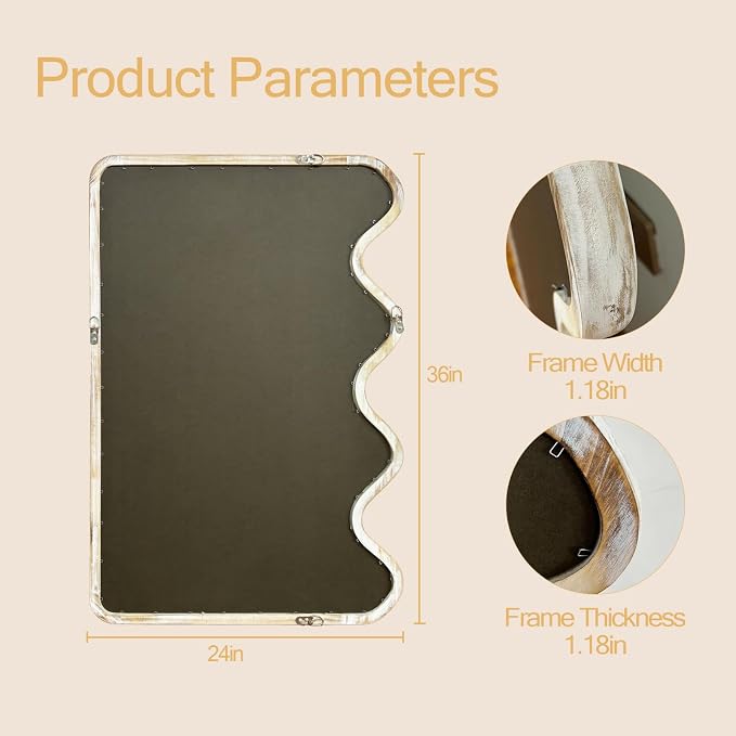ULIKE Wavy Mirror for Wall, Rustic Wood Mirror for Bathroom Vanity, 24x36 Wooden Wall Mirrors Decorative for Bedroom, Living Room, Entryway, White