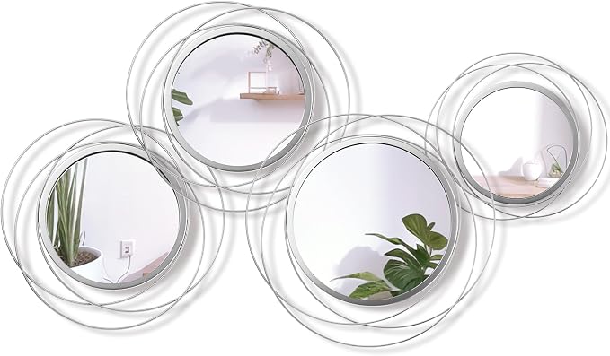 Hicarer 4 Pcs Decorative Wall Mirror Round Modern Mirror Circle Mirror Wall Art Ring Metal Mirror Wall Decor Wall Mounted Mirror for Bedroom Living Room Entryway Dining Room Hallway (Silver)