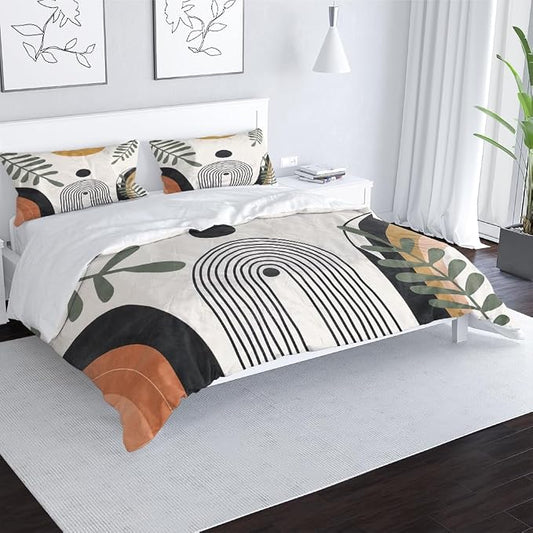 Boho Duvet Cover Queen Black Beige Orange Abstract Comforter Modern Mid Century Bedding Sets Geometric Comforter for All Seasons, 3 Pieces Home Bedroom Decorations Soft 88"x88"