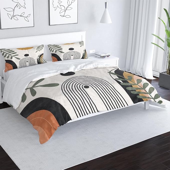 Boho Duvet Cover - Abstract Botanical Sun Beige Comforter, Modern Mid Century Bedding Sets, Geometric Comforter for All Season, 3 Pieces Home Bedroom Decorations, Soft Microfiber, 68"x88"