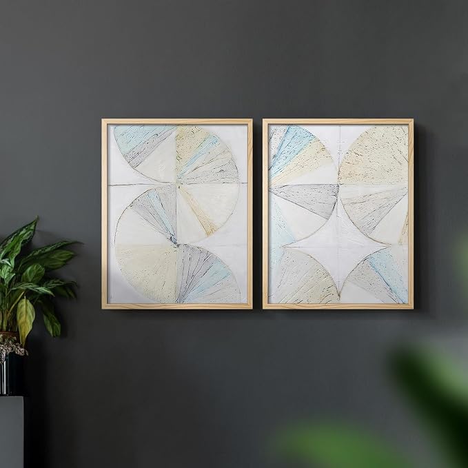 Renditions Gallery Set of 2 Peel & Stick Framed Prints, Geometric Abstract Wall Art, Pie Chart Color Wheels Wall Decor, Re-Stickable - Ready to Hang - 11"x14" - NATURAL WOOD Frame LT588